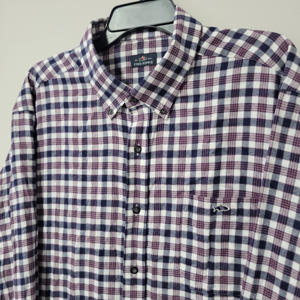 Fish Hippie Original Button‎ Down Shirt Mens XXL Maroon Gingham Long Sleeve